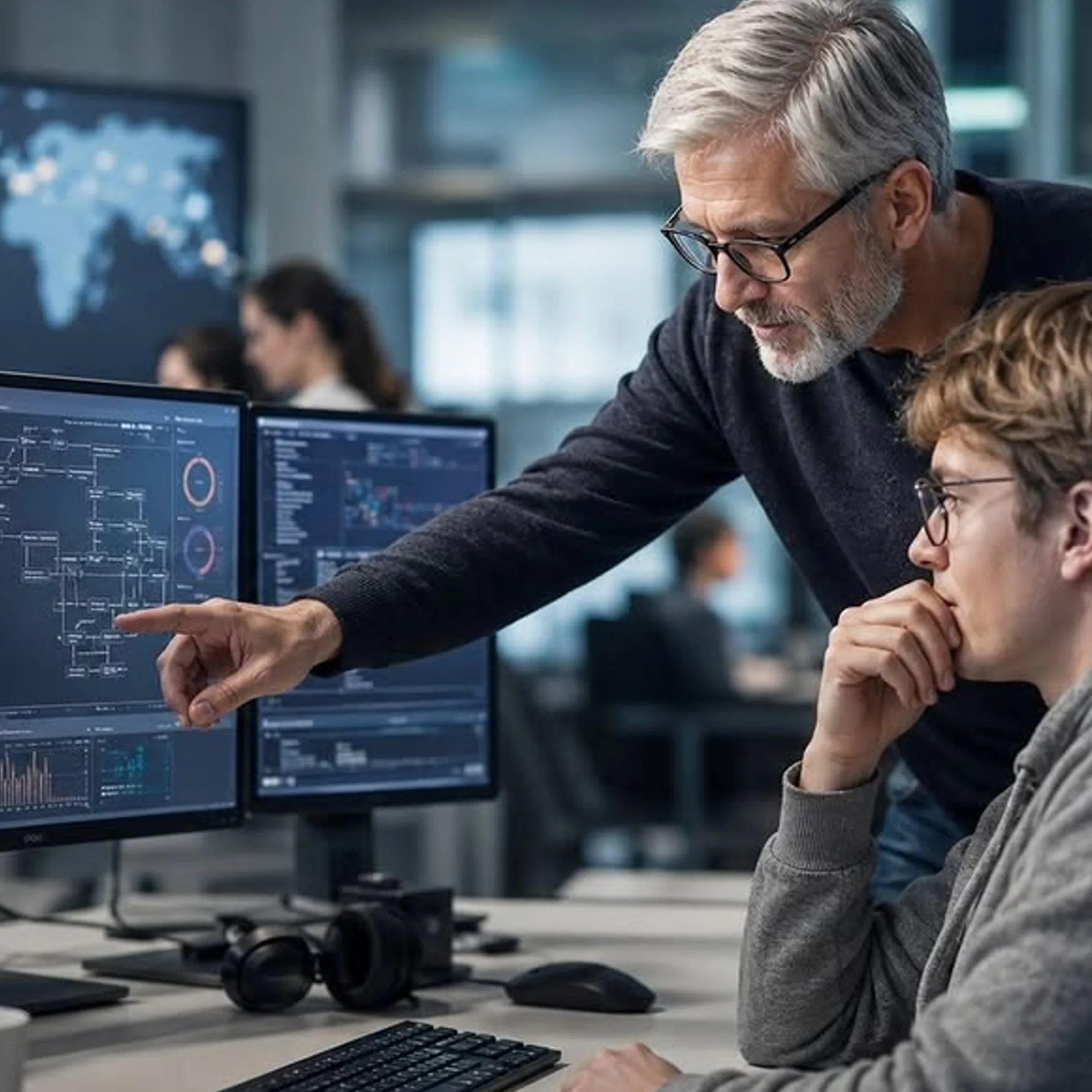 developers collaborating at technical workstations